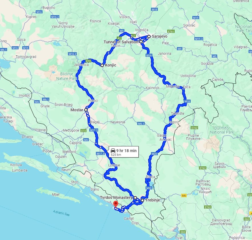 Tour map for Bosnia discovery all seasons 3 days tour from Dubrovnik. Trebinje, Tvrdos, Sarajevo, Mostar.