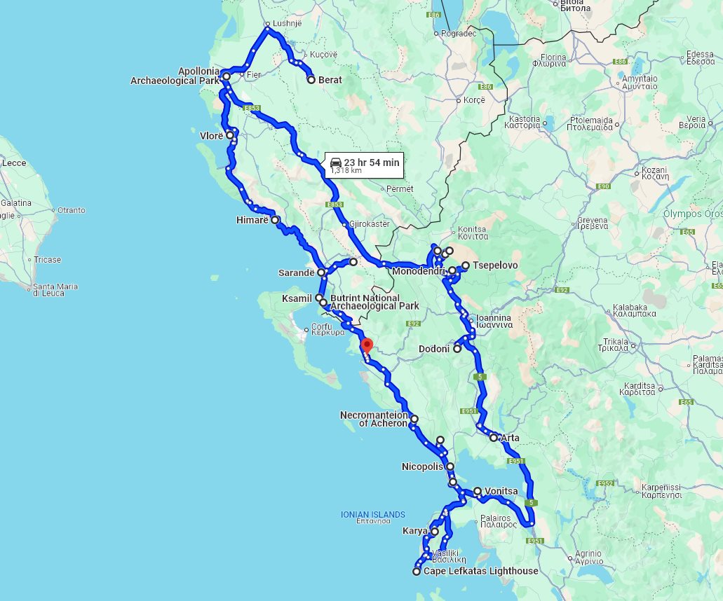 Tour map for Greece +Albania off-season UNESCO sites tour 19 days from Igoumenitsa. Off the beaten path circle tour exploring Greece and Albania.