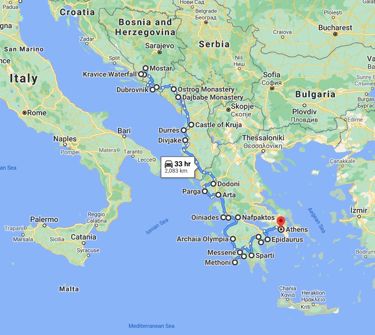 Tour map for In-depth cultural panoramic 24 days tour from Dubrovnik to Athens. Explore Bosnia and Greece, discover Montenegro, meet Albania.
