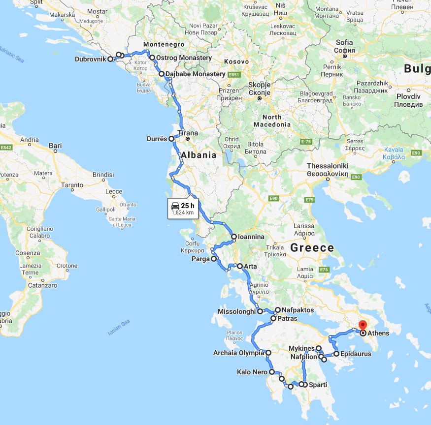 Tour map for Amazing South Balkans 18 days tour from Dubrovnik to Athens. Visit Bosnia, Montenegro, Albania, Greece mainland.