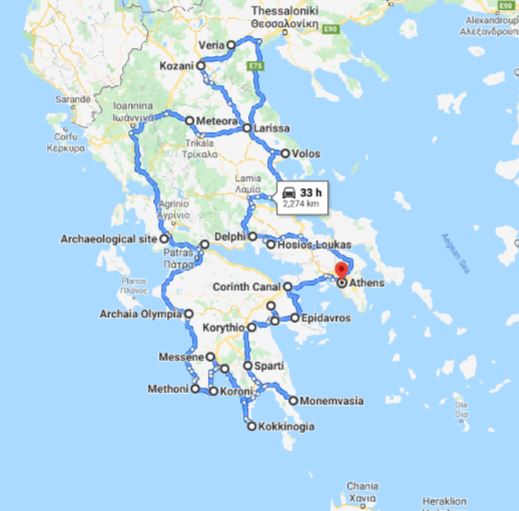 Tour map for Greece off-season UNESCO places tour 23 days from Athens. Visit most Greece mainland UNESCO and tentative list places.