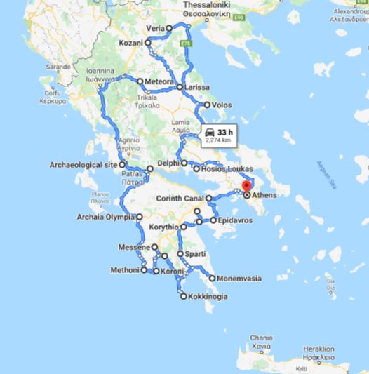 Tour map for Greece off-season UNESCO places tour 25 days from Athens. Visit most Greece mainland UNESCO and tentative list places.