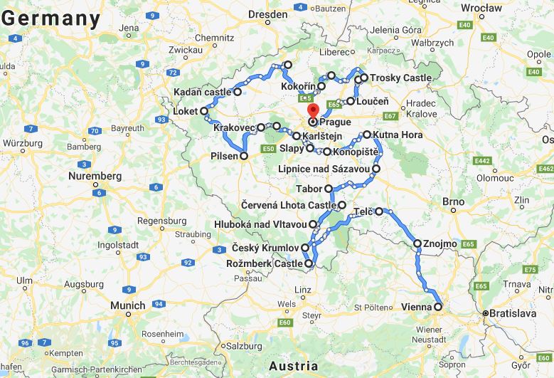 Tour map for #188 Czech castles and fortresses 22 days tour from Vienna. Private minivan tour by Monterrasol Travel. Visit famous castles, medieval towns and UNESCO sites in Czech Republic.