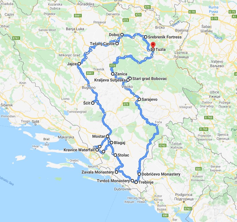 Tour map for #199 All seasons 9 days Bosnia discovery non-touristy places tour from Tuzla. Private tour with minivan by Monterrasol Travel. Explore Medieval land of Bosnia by off the beaten path travel.