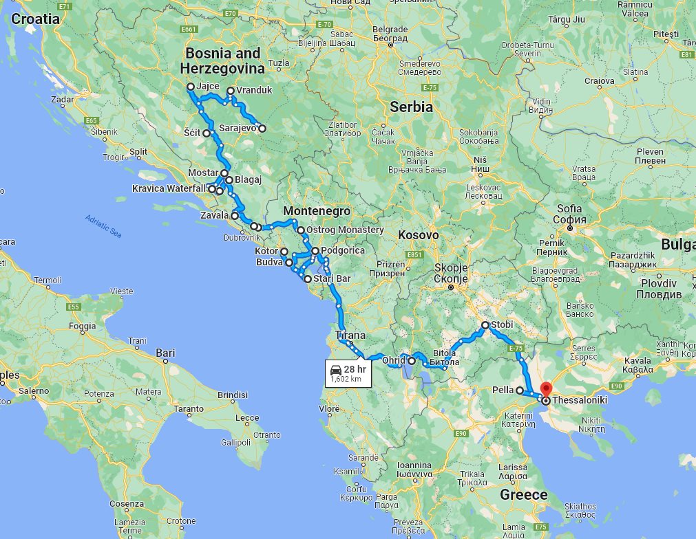 Tour map for #212 Discover Bosnia Montenegro Macedonia in 14 days tour. Private tour with minivan by Monterrasol Travel. Balkans roadtrip from Sarajevo to Thessaloniki via UNESCO sites, old towns, monasteries and fortresses.