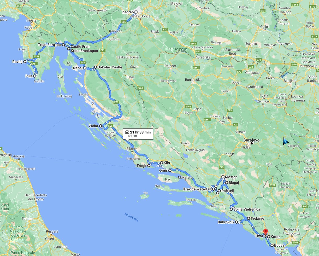 Tour map for Explore Croatia + Bosnia + Montenegro by all seasons 18 days tour from Zagreb. Adriatic coast, UNESCO sites, castles, fortresses, old towns, monasteries in Balkans road trip.