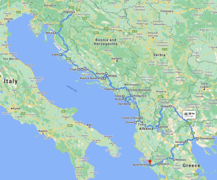 Tour map for Discover Croatia Bosnia Montenegro Albania Macedonia Greece in 23 days tour. UNESCO sites, old towns, monasteries and fortresses on Balkans roadtrip from Zagreb to Igoumenitsa.