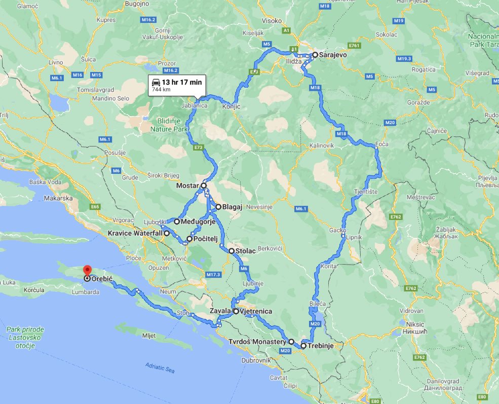 Tour map for #228 All seasons 5 days discovery Bosnia tour from Korcula. Monterrasol Travel private tour in minivan. Mostar, Pocitelj, Sarajevo, Stolac, Trebinje and more.