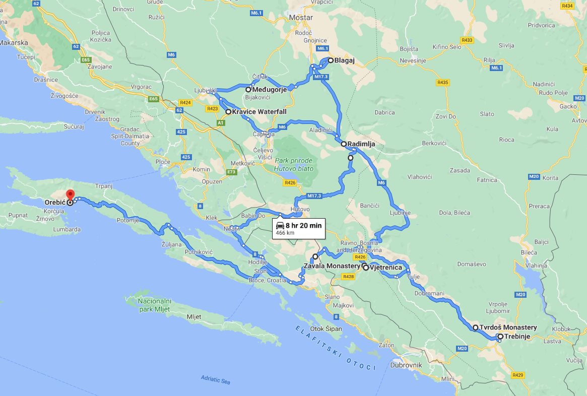 Tour map for #234 Cultural + wine tasting 2 days all seasons Bosnia tour from Korcula. Monterrasol Travel tour in private minivan. Visit Trebinje, Tvrdos, Blagaj, Medjugorje, Kravica.