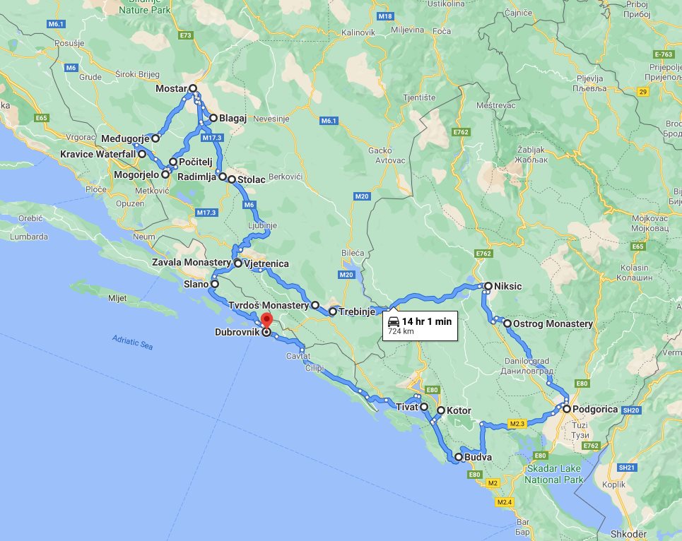 Tour map for Off-season 8 days explore Montenegro and Bosnia tour from Dubrovnik. Venetians towns, fortresses, monasteries.