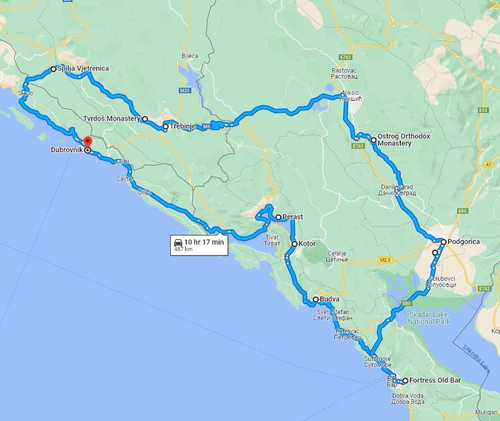 Tour map for #244 Off-season 5 days small tour to Montenegro and Bosnia from Dubrovnik. Monterrasol Travel private tour with minivan. Ancient monasteries, Venetians towns, Herzegovina wines.