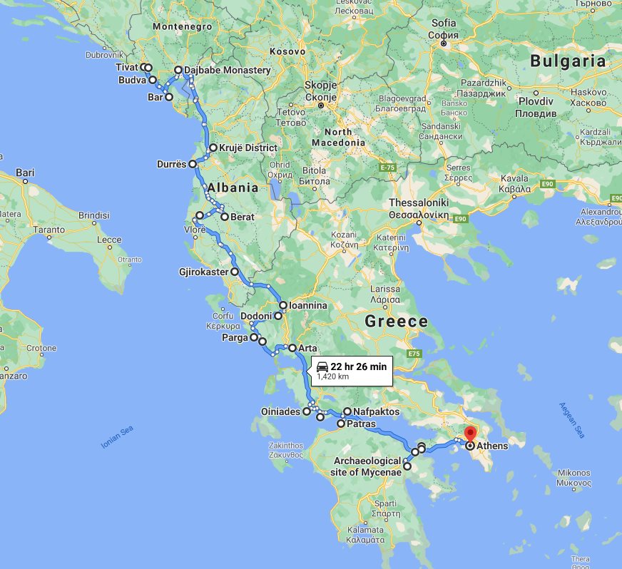 Tour map for #252 Exploring Montenegro Albania Greece in 15 days tour from Tivat. Monterrasol Travel tour use private minivan. All seasons Southern Balkans tour with UNESCO sites, fortresses, monasteries.