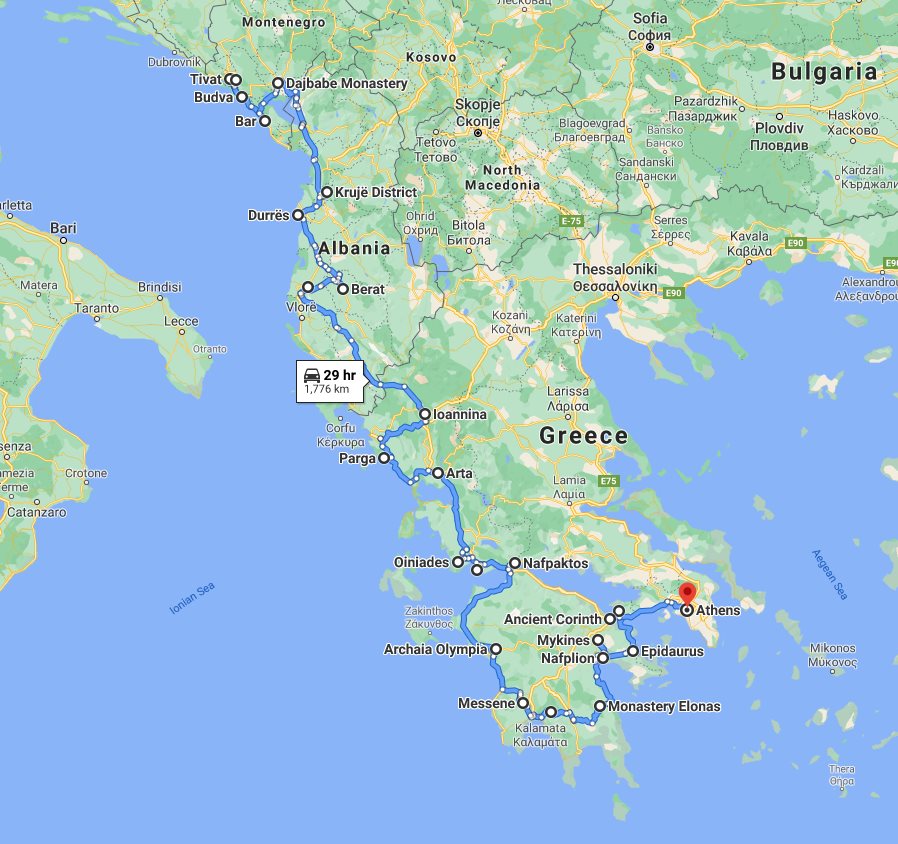 Tour map for Mediterranian explorer: Montenegro Albania Greece in 25 days tour from Tivat. Southern Balkans all seasons grand tour with UNESCO sites, fortresses, monasteries.