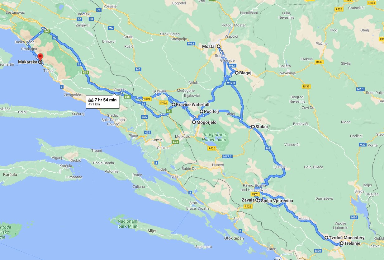 Tour map for #275 All seasons Bosnia 3 days mini tour from Makarska. Monterrasol Travel tour in private minivan. Kravice waterfalls, Mostar, Blagaj, Pocitelj, Vjetrenica cave, Tvrdos, Trebinje.