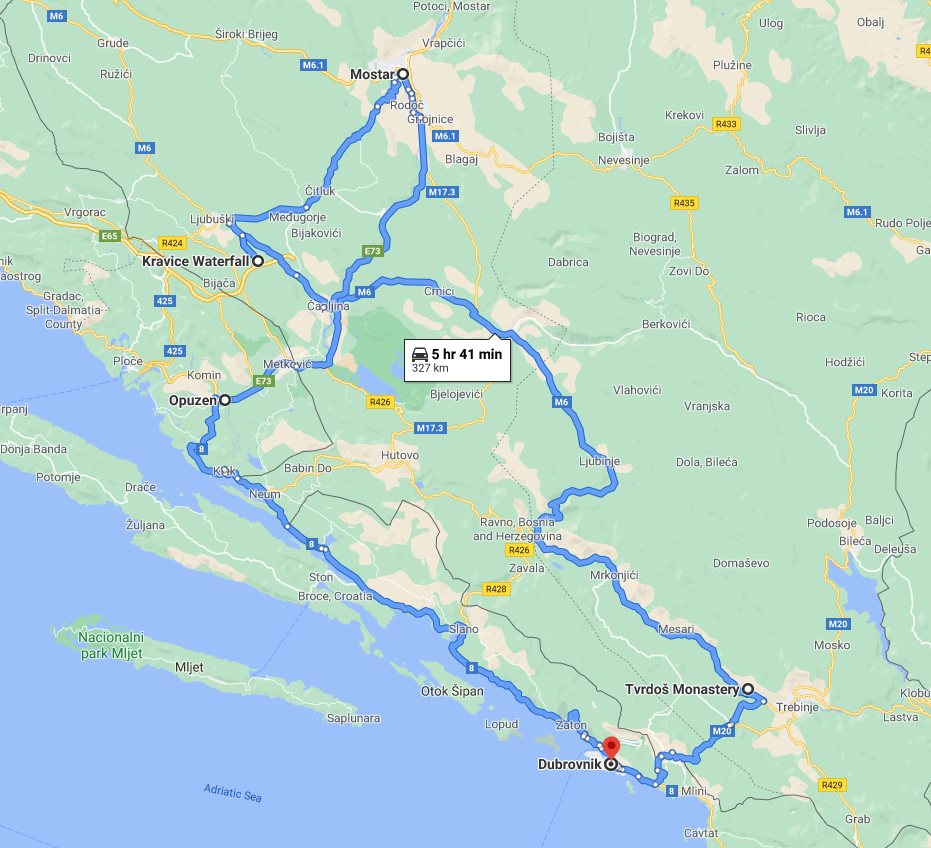 Tour map for #289 Day trip from Dubrovnik to see Kravica waterfalls and Mostar. Monterrasol Travel private tour by minivan. Wine tasting in Tvrdos monastery, admire Kravica waterfalls and walk in Mostar.