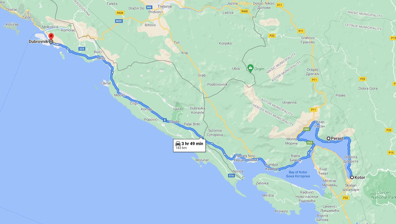 Tour map for Day trip from Dubrovnik to see Kotor and Perast. Visit in Montenegro the Kotor UNESCO Venetian town and charming Perast.