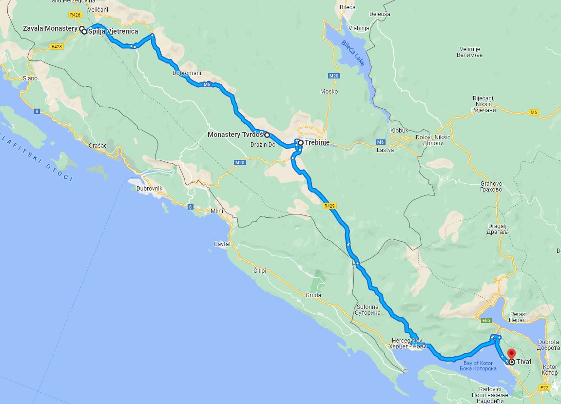 Tour map for #295 Day trip from Tivat to Vjetrenica cave with wine tasting in Tvrdos monastery. Private car tour by Monterrasol Travel. See also Zavala monastery and Trebinje.