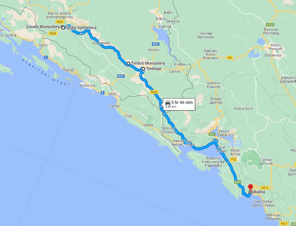 Tour map for #297 Day trip from Budva to Vjetrenica cave with wine tasting in Tvrdos monastery. Private car tour by Monterrasol Travel. See also Zavala monastery and Trebinje.