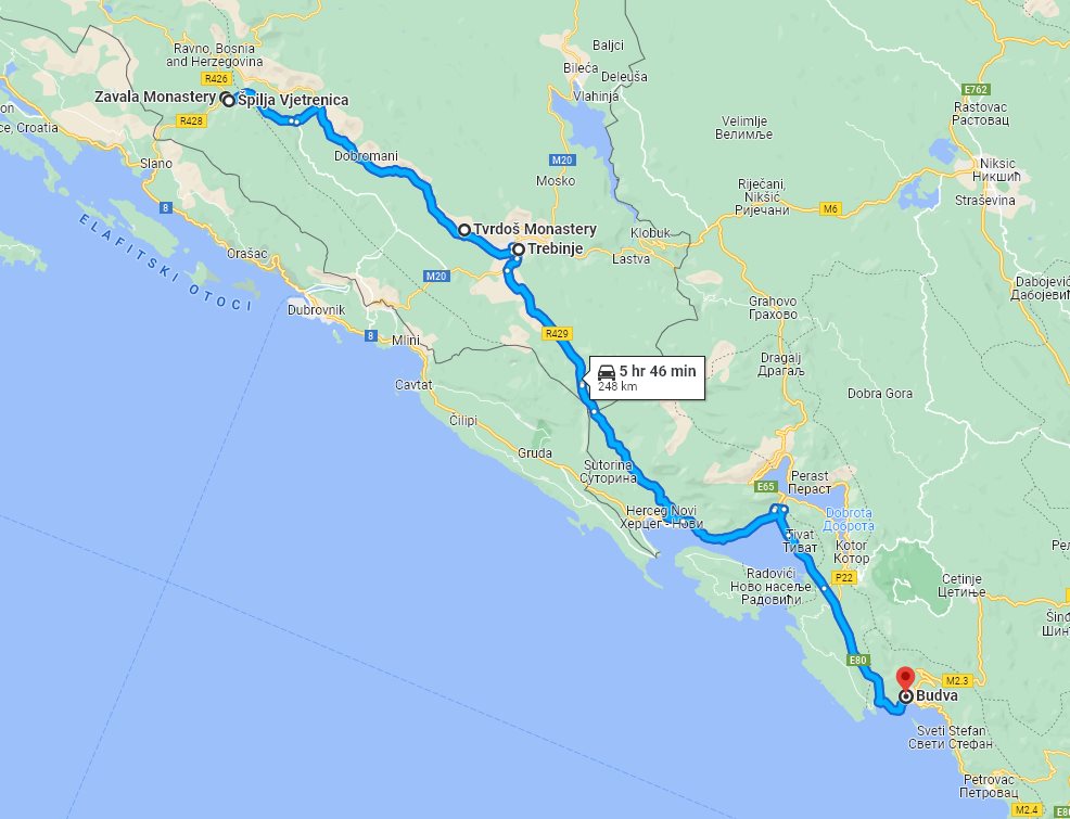 Tour map for Day trip from Budva to Vjetrenica cave with wine tasting in Tvrdos monastery. See also Zavala monastery and Trebinje.