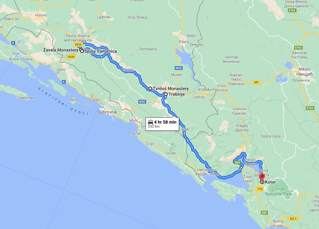 Tour map for Day trip from Kotor to Vjetrenica cave with wine tasting in Tvrdos monastery. See also Zavala monastery and Trebinje.