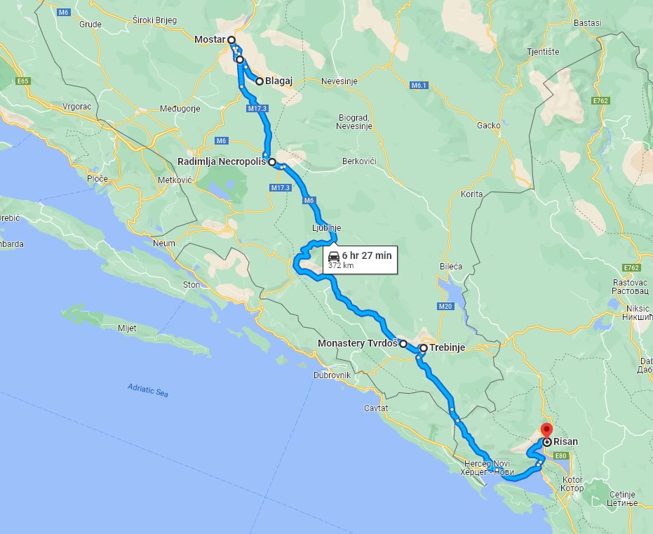 Tour map for Day trip from Risan to Mostar and Blagaj. Visit also Zavala monastery and enjoy wine tasting in Trebinje.