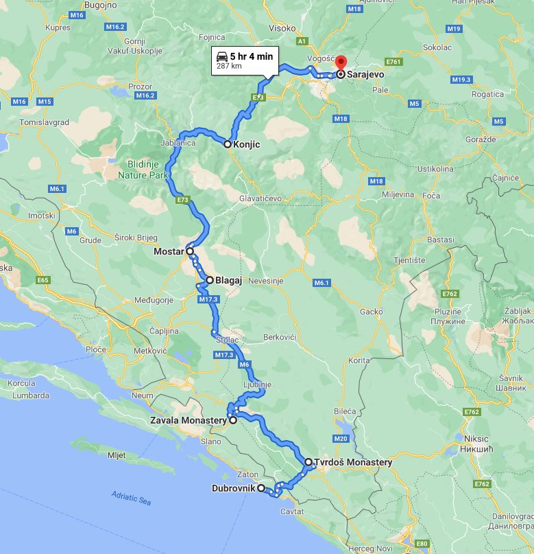 Tour map for #303 One day tour from Dubrovnik to Sarajevo via Tvrdos, Blagaj, and Mostar. Monterrasol Travel tour with private minivan. Enjoy wine tasting in Tvrdos monastery, see Blagaj tekija and walk in UNESCO Mostar.