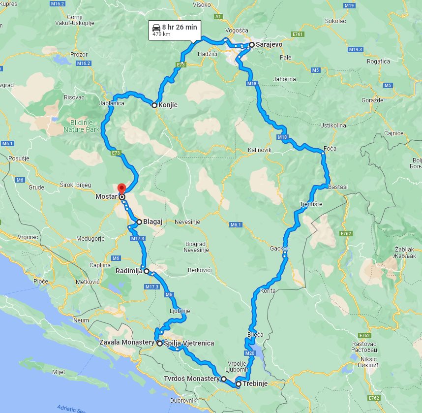 Tour map for All seasons 3 days Bosnia mini-tour from Mostar. Visit Blagaj, Vjetrenica cave, Trebinje, Tvrdos monastery, Sarajevo.