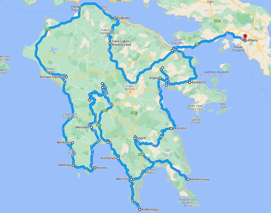 Tour map for Travelling Greece: mainland extended tour, part 1/2 Touring Greece UNESCO sites, villages, castles, monasteries, archaeological places.