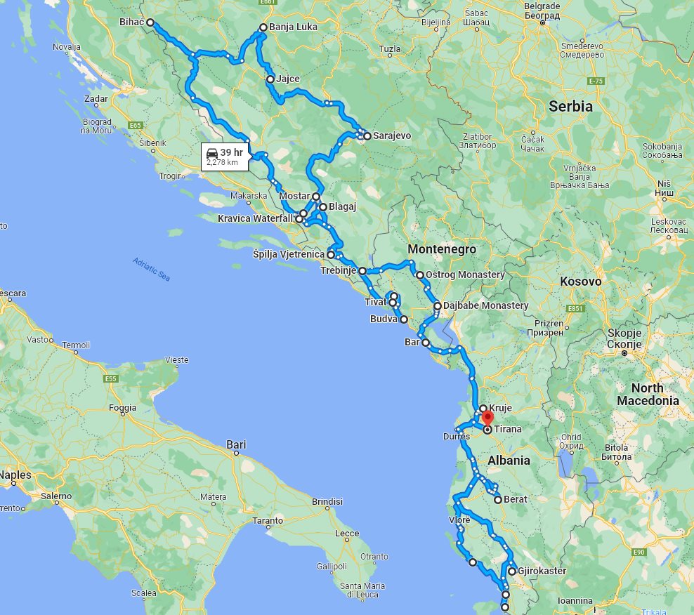 Tour map for Off-season 23 days Montenegro +Bosnia +Albania tour from Tivat. Scenic Balkans off the beaten path.
