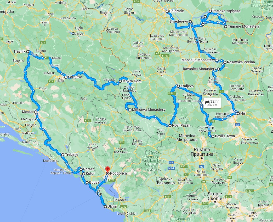 Tour map for Serbia +Bosnia +Montenegro year-round 23 days tour from Belgrade. Roadtrip across former Yugoslavia countries with Orthodox monasteries, medieval fortresses, history, cuisine.
