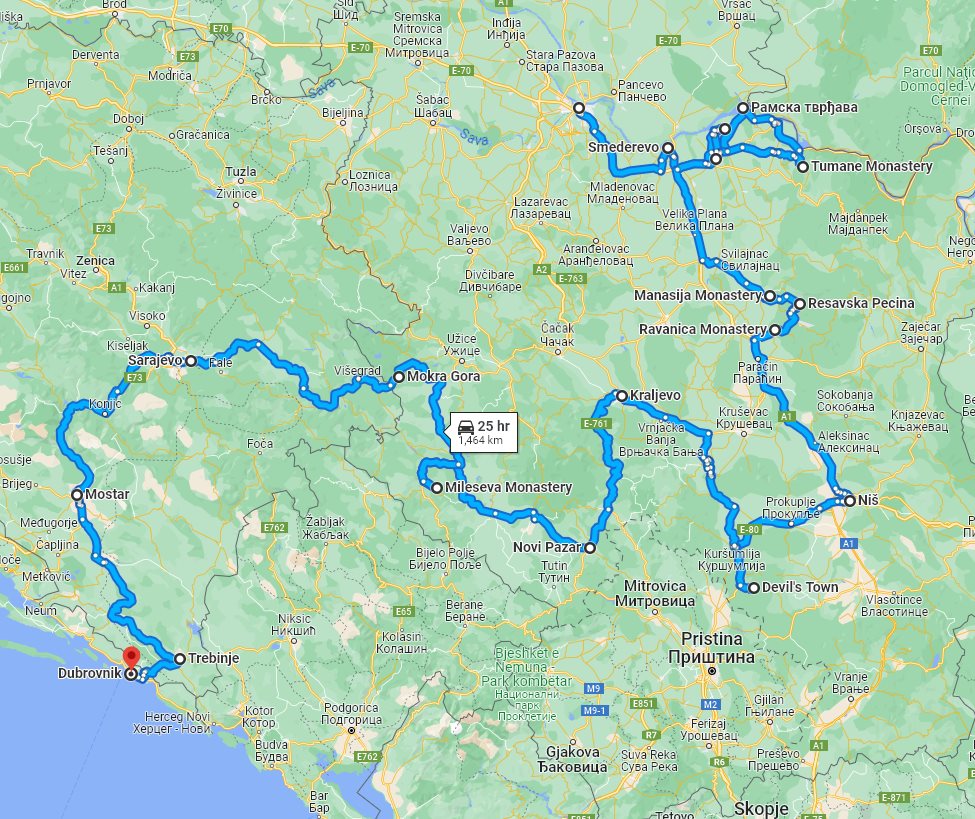Tour map for Serbia +Bosnia year-round 19 days tour from Belgrade. Roadtrip across former Yugoslavia countries with Orthodox monasteries, medieval fortresses, history, cuisine.
